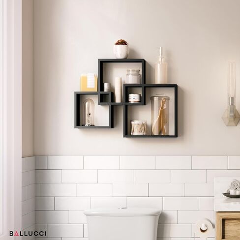Ballucci Modern Interlocking Cube Floating Shelves, Wall Mount Wood Square Shelves for Living Room, Bedroom, Bathroom, Easy to Install Wall Decor Box Shelves, Black in Saudi Arabia