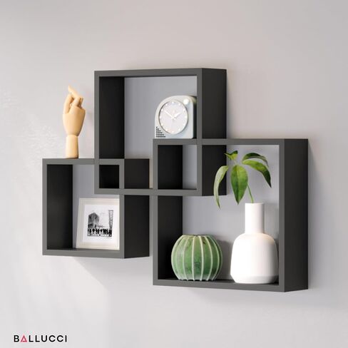 Ballucci Modern Interlocking Cube Floating Shelves, Wall Mount Wood Square Shelves for Living Room, Bedroom, Bathroom, Easy to Install Wall Decor Box Shelves, Black in Saudi Arabia