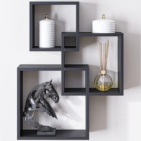 Ballucci Modern Interlocking Cube Floating Shelves, Wall Mount Wood Square Shelves for Living Room, Bedroom, Bathroom, Easy to Install Wall Decor Box Shelves, Black in Saudi Arabia