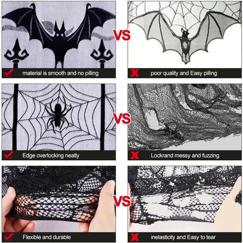AerWo قطعتين من ستائر الهالوين على شكل شبكة العنكبوت وخفافيش نافذة الهالوين، ستارة باب من الدانتيل الأسود لتزيين نوافذ الهالوين، 40 × 84 بوصة in Kuwait