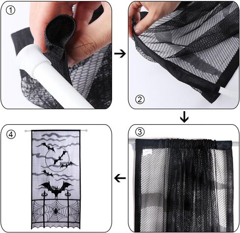 AerWo قطعتين من ستائر الهالوين على شكل شبكة العنكبوت وخفافيش نافذة الهالوين، ستارة باب من الدانتيل الأسود لتزيين نوافذ الهالوين، 40 × 84 بوصة in Kuwait