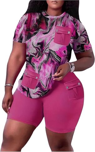 SOLY HUX Women's Plus Size 2 Piece Outfits Allover Print Short Sleeve Tee and Shorts Set in Saudi Arabia
