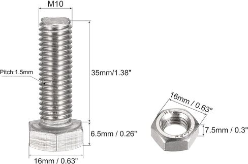 uxcell M10 x 35mm براغي سداسية الرأس، صواميل، مجموعات غسالات مسطحة وقفل، 304 مسامير سداسية من الفولاذ المقاوم للصدأ بالكامل 4 مجموعات in Saudi Arabia