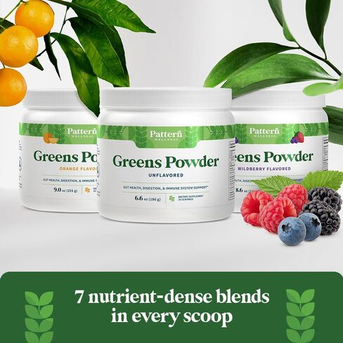 Pattern Wellness Greens Powder Superfood - Complete with Antioxidant, Digestive Enzyme, Fiber, Probiotic, & Adaptogen Blends - Gut, Digestion, & Immune System - 30 Servings - 16oz (Orange Flavor) in Saudi Arabia