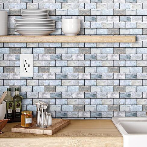 Peel and Stick Backsplash for Kitchen: Self Adhesive Wall Tiles for Bathroom - 3D Subway Back Splash - 5 Sheets Vinyl Blue Waterproof Wallpaper with Real Marble Texture for Shower in Saudi Arabia
