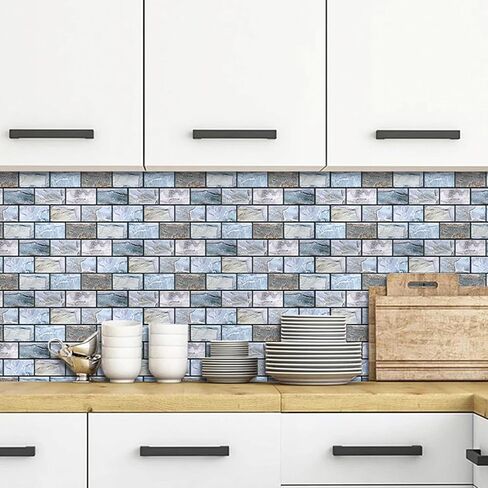 Peel and Stick Backsplash for Kitchen: Self Adhesive Wall Tiles for Bathroom - 3D Subway Back Splash - 5 Sheets Vinyl Blue Waterproof Wallpaper with Real Marble Texture for Shower in Saudi Arabia