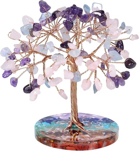 mookaitedecor Natural Colorful Crystal Money Tree with 7 Chakra Stones Resin Base Crystal Trees Feng Shui Sculpture Home Office Decoration Good Luck Gift 4-4.6 Inch in Saudi Arabia