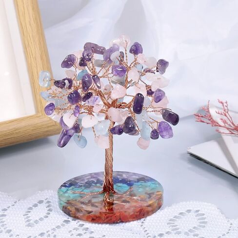 mookaitedecor Natural Colorful Crystal Money Tree with 7 Chakra Stones Resin Base Crystal Trees Feng Shui Sculpture Home Office Decoration Good Luck Gift 4-4.6 Inch in Saudi Arabia