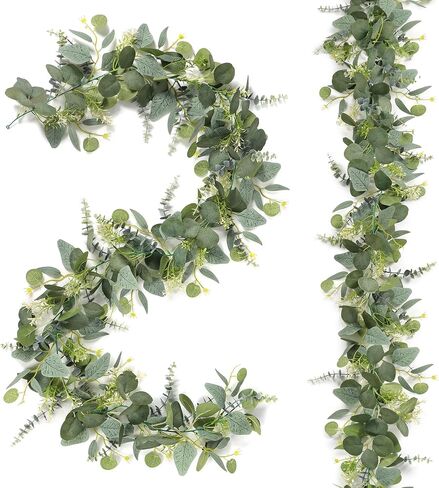 2PCS Eucalyptus Garland Artificial Greenery Garland with Gypsophila Flowers Faux Vines Hanging Plants Garland Table Runner for Wedding Backdrop Arch Party Summer Fireplace Mantel Decor in Saudi Arabia