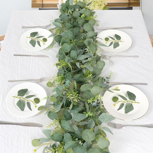 2PCS Eucalyptus Garland Artificial Greenery Garland with Gypsophila Flowers Faux Vines Hanging Plants Garland Table Runner for Wedding Backdrop Arch Party Summer Fireplace Mantel Decor in Saudi Arabia