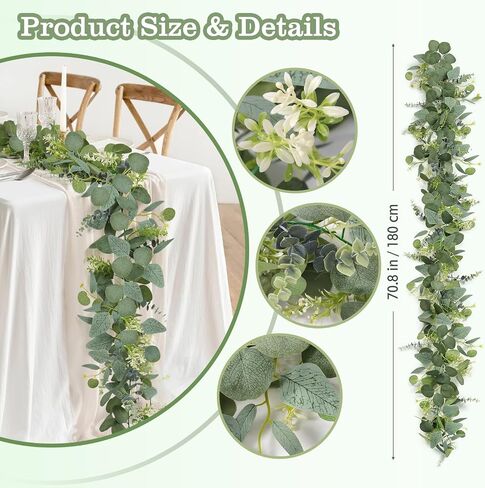2PCS Eucalyptus Garland Artificial Greenery Garland with Gypsophila Flowers Faux Vines Hanging Plants Garland Table Runner for Wedding Backdrop Arch Party Summer Fireplace Mantel Decor in Saudi Arabia