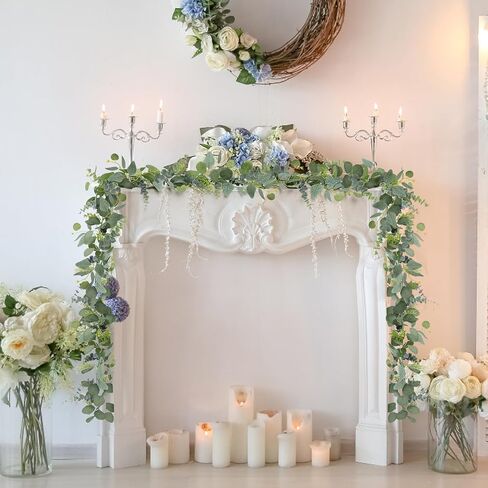 2PCS Eucalyptus Garland Artificial Greenery Garland with Gypsophila Flowers Faux Vines Hanging Plants Garland Table Runner for Wedding Backdrop Arch Party Summer Fireplace Mantel Decor in Saudi Arabia