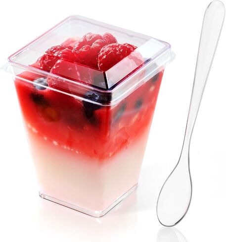 JOLLY CHEF 50 Pack 5 oz Plastic Dessert Cups with Lids & Spoons, Yogurt Parfait Appetizer Cup for Party, Clear Mini Dessert Shooter Cups for Pudding Fruit Trifle Ice Cream in Saudi Arabia