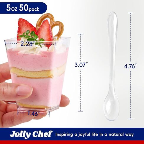 JOLLY CHEF 50 Pack 5 oz Plastic Dessert Cups with Lids & Spoons, Yogurt Parfait Appetizer Cup for Party, Clear Mini Dessert Shooter Cups for Pudding Fruit Trifle Ice Cream in Saudi Arabia