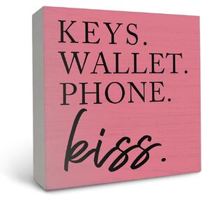 OFlich Entryway Table Decor, Keys Wallet Phone Kiss Entrance Reminders Wood Signs Desk Decor for Home Front Door Porch Table Shelf, Entryway Decor, Entry Way Table Home Decor, 5x5 Inches (Pink)