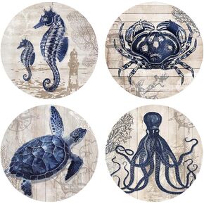 Absorbent Coasters Natural Ceramic Thirsty Stone Navy Blue Octopus Seahorse Crab Turtle Ocean Theme Coaster Set for Drinks Cork Backing (sea Animals)…