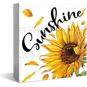 Summer Sunshine Sunflower Decor Wooden Box Sign, Rustic Country Sunflower Box Sign Wood Home Decor, Living Room Bedroom Shelf Tabletop Decoration 5 x 5 Inches