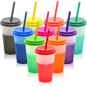 Color Changing Cups with Lids and Straws 10Pcs 12oz Plastic Cups with Lids and Straws for Iced Coffee Smoothie Color Changing Tumblers with Lids and Straws Kids Cups Reusable Leak Proof Party Cups