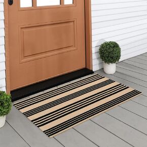 LEEVAN Washable Area Rug 3x5, Reversible Striped Outdoor Rug, Low Profile Small Patio Rug Door Mat Indoor, Cotton Woven Backyard Mats, Non-Shedding Front Porch Deck Floor Carpet, Tan and Black