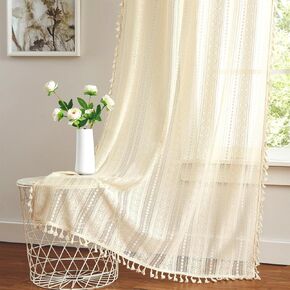 Amzdecor Beige Boho Lace Tassels Curtains for Bedroom Living Room, Linen Textured Chic Crochet Rustic Geometric Pattern Rod Pocket Sheer Curtain Drapes 2 Window Curtain Panels,40" W x 54" L.