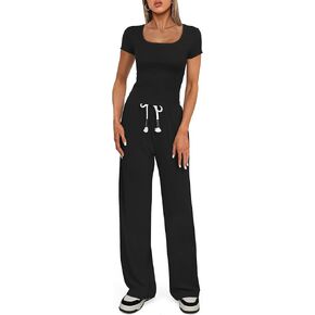 Darong Women's Two Piece Outfit Short Sleeve Scoop Neck T Shirts with Wide Leg Sweatpants Active Tracksuit Lounge Wear 9056 Black M