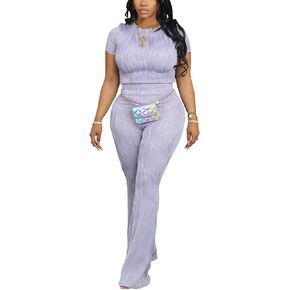 GEMEIQ Women's Summer Two Piece Pants Sets Short Sleeve Tops and Flare Bodycon Long Pants Tracksuit Workout Sets