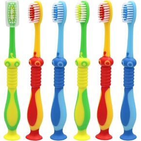 Newday Kids toothbrushes 6 Pack Soft Bristles Fun Lovely with Suction Cup, Includes Travel Covers, Animal toothbrushes for Kids Boys & Girls, Toddlers & Children's Teeth Age 3+, (Blue&Green&Red)