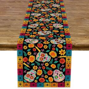 Dia De Los Muertos Table Runner Linen Mexican Sugar Skull Day of The Dead Altar Decoration for Home Kitchen Dining Room (13" x 72")