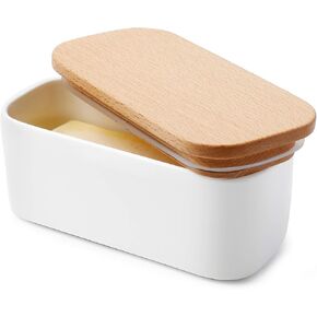 Sweese 303.101 Large Butter Dish - Airtight Butter Keeper Holds Up to 2 Sticks of Butter - Porcelain Container with Beech Wooden Lid, White