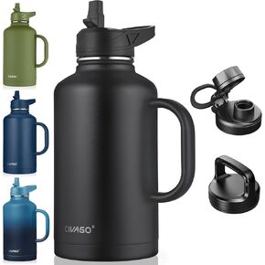 CIVAGO 32 oz Insulated Water Bottle with Straw, Large Stainless Steel Water Flask with Handle, Big Sports Metal Water Bottle with Straw Lid (3 Lids), Travel Thermal Mug Cup, Indigo Black