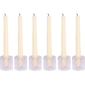 Candle Holders Set of 6, Round Candlesticks for 7/8" Taper Candles, Bling Diamonds Accent, Vertical Striped Design, Made of Clear Crystal Glass, Ideal decor for Home and Wedding