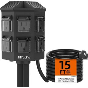 Outdoor Power Strip Weatherproof, 15 FT Extension Cord with Power Stake, 6 Grounded Outlets for Outdoor Lights, 15A/1875W, ETL Listed