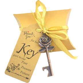 Makhry 50 Set Skeleton Rose Key Bottle Openers with Candy Box In Antique Vintage Style Escort Tags French Ribbon As A Gift Souvenir At Wedding Party Supplies (Antique Silver)
