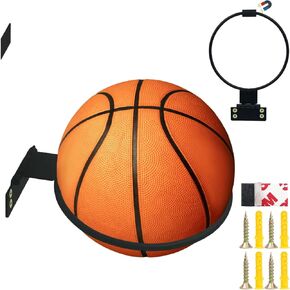 Basketball Holder Wall Mount, Foldable Basketball Holder includes Self-Adhesive Magnetic Sheet, Space-saving Sports Ball Storage, Metal Ball Storage Rack