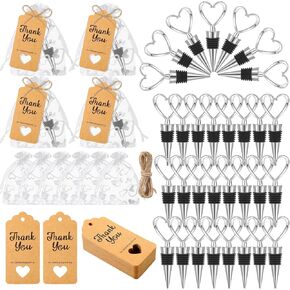 Buryeah 60 Set Heart Shaped Wine Stoppers Bulk Wedding Party Favors Love Design Beverage Bottle Stoppers with Sheer Bags, Labels, Ropes for Engagement Bridal Shower Valentines Day Gifts(Silver)