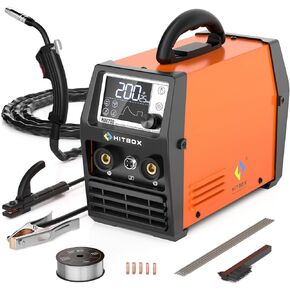 HITBOX 140A MIG Welder,Smart Flux Core Welder/ARC/LIFT TIG/Spool Gun 4 In 1 MIG Welding Machine with LCD Display Synergy 110V 220V Dual Voltage IGBT Inverter Welder