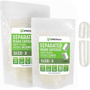 XPRS Nutra Vegan Size 3 Separated Capsules - 100 Count Premium Empty Capsules Separated in Bags - Clear Empty Capsules - Separated Empty Capsules - Pill Capsules Empty for DIY Supplement Filling