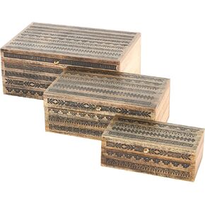 Deco 79 Mango Wood Geometric Handmade Decorative Box Storage Decorative Keepsake Box with Black Tribal Carvings and Gold Accents, Set of 3 Storage Box 11", 9", 7"W, Brown