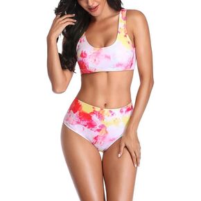 Women's Bikini Sets Two Piece Scoop Neck Bikini Crop Top High Cut Swimsuit Sporty High Waisted Bathing Suit
