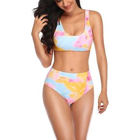 Women's Bikini Sets Two Piece Scoop Neck Bikini Crop Top High Cut Swimsuit Sporty High Waisted Bathing Suit