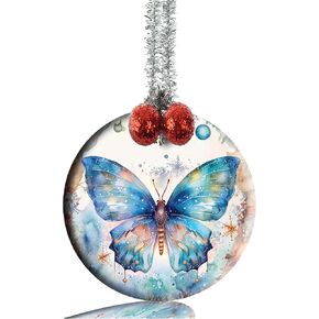 Christmas Ornaments Round Porcelain Ornament Ceramic Ornaments for Christmas Tree Hanging Ornaments Home Decoration Butterfly on Christmas Background