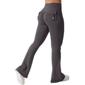 QOQ Flare Leggings with Pockets for Women Workout Scrunch Flare Leggings Tummy Control Gym Yoga Leggings Wide Leg Pants