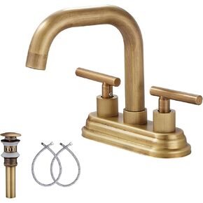 Bathroom Vanity Faucet GGStudy 2-Handles 4 Inches Centerset Bathroom Sink Faucet Antique Brass with Drain Assembly and Supply Hose Lavatory Faucet Mixer Double Handle Tap Deck Mounted