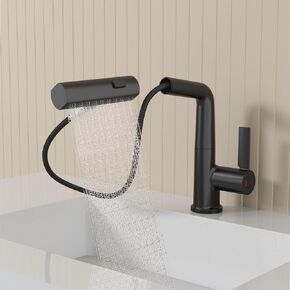 BARROCK Waterfall Bathroom Faucet with 3 Modes Pull Down Sprayer, Modern Single Handle Pull Out Vanity Sink Faucets, Liftable & 360° Swivel Basin or Kitchen Mixer Tap, Brushed Gold
