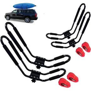 J Cross Bar 2 Pairs = 4 PCS Universal Kayak Canoe Top Mount Carrier Roof Rack Boat SUV Truck Van Car with 4 pcs Tie Down Straps