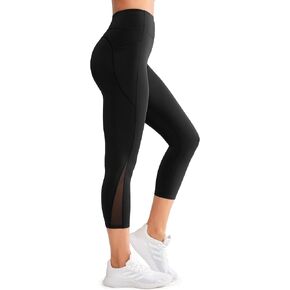 Yvette Capri Leggings with Pockets for Women High Waisted Mesh Yoga Pants Tummy Control Running Tights Workout Gym Fitness