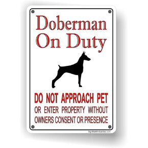Doberman On Duty Tin Sign - Doberman Metal Sign 12"x8"