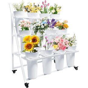 Flower Display Stand with 12 Buckets, Flower Cart 3 Layers, Flower Stand Metal with Wheels, Moving Florist Bouquet Shelf, Triangular Rack, White in Kuwait