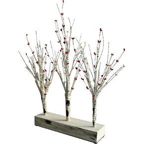 CVHOMEDECO. Battery Operated w/Timer Illuminated Pip Berry Tree Centerpiece Lighted Three Trees Tabletop LED Lights with Rustic Wooden base, for Home/Party/Wedding/Festival/Indoor Decoration, 21-Inch
