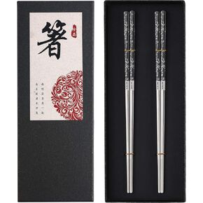Stainless Steel Chopsticks Titanium Plated Metal Chopsticks Reusable Dishwasher safe Premium Japanese Korean Chopstick Laser Engraved Anti-slip Chop Sticks for Eating 2 Pairs Gift Set Black Silver